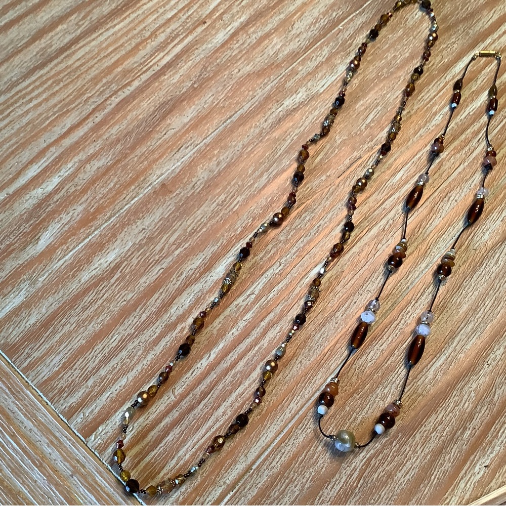 Handcrafted Brown and Gold Glass Bead Long Necklace